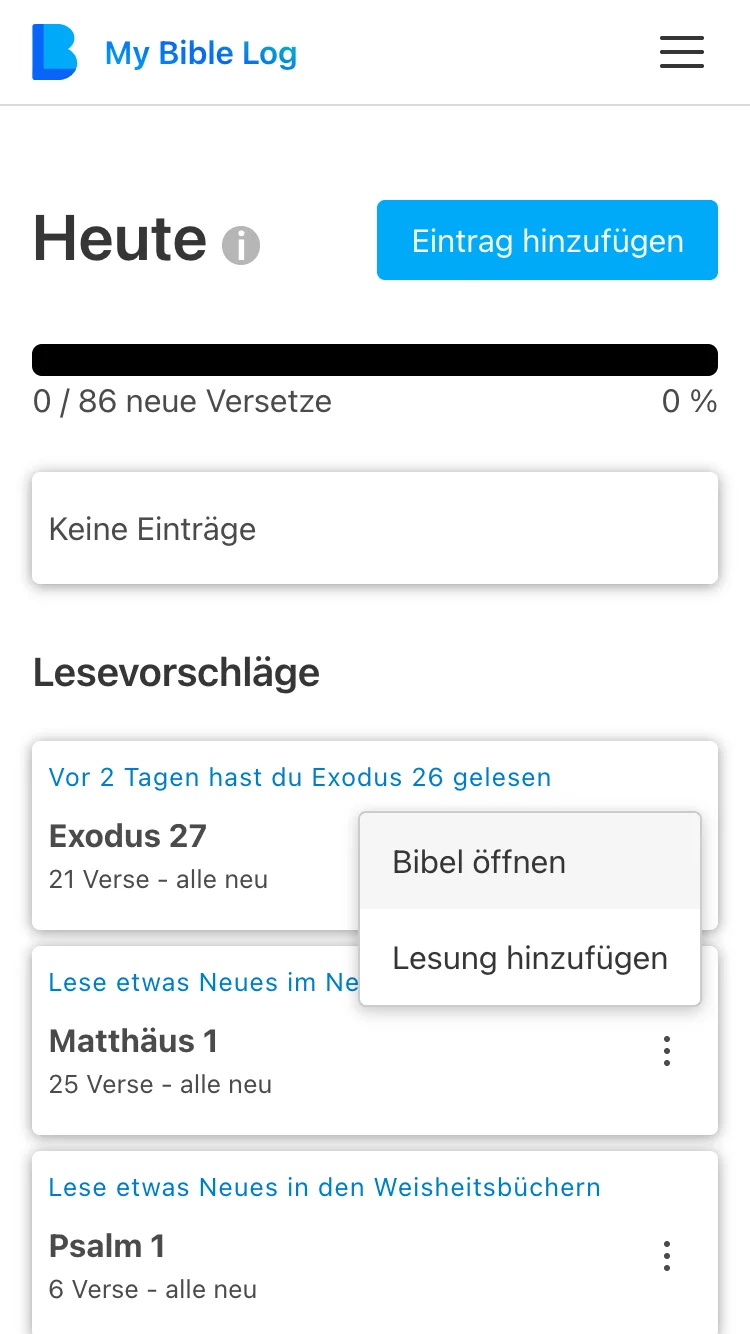 Die My Bible Log App Heute-Seite zeigt mehrere Lesevorschläge