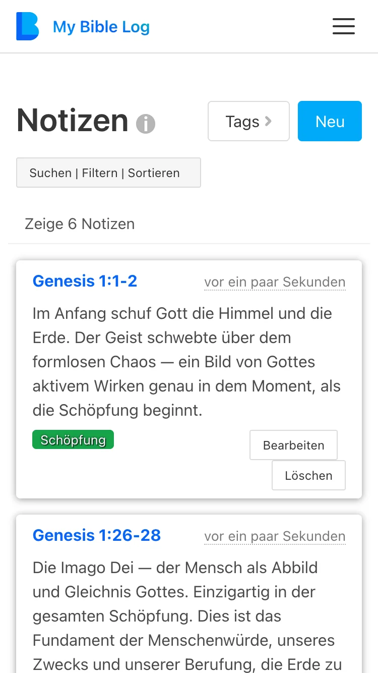 Screenshot der Notizseite von My Bible Log