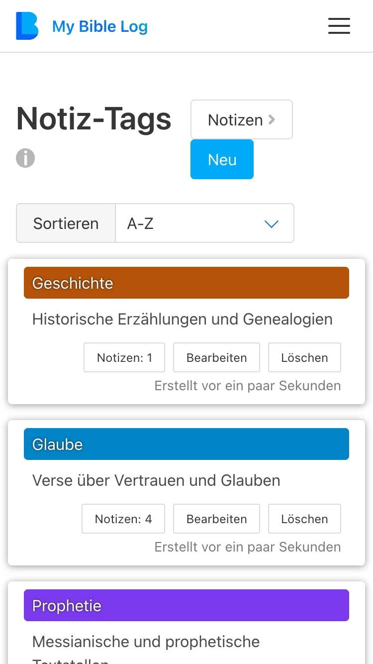 Screenshot der Notiztagsseite von My Bible Log