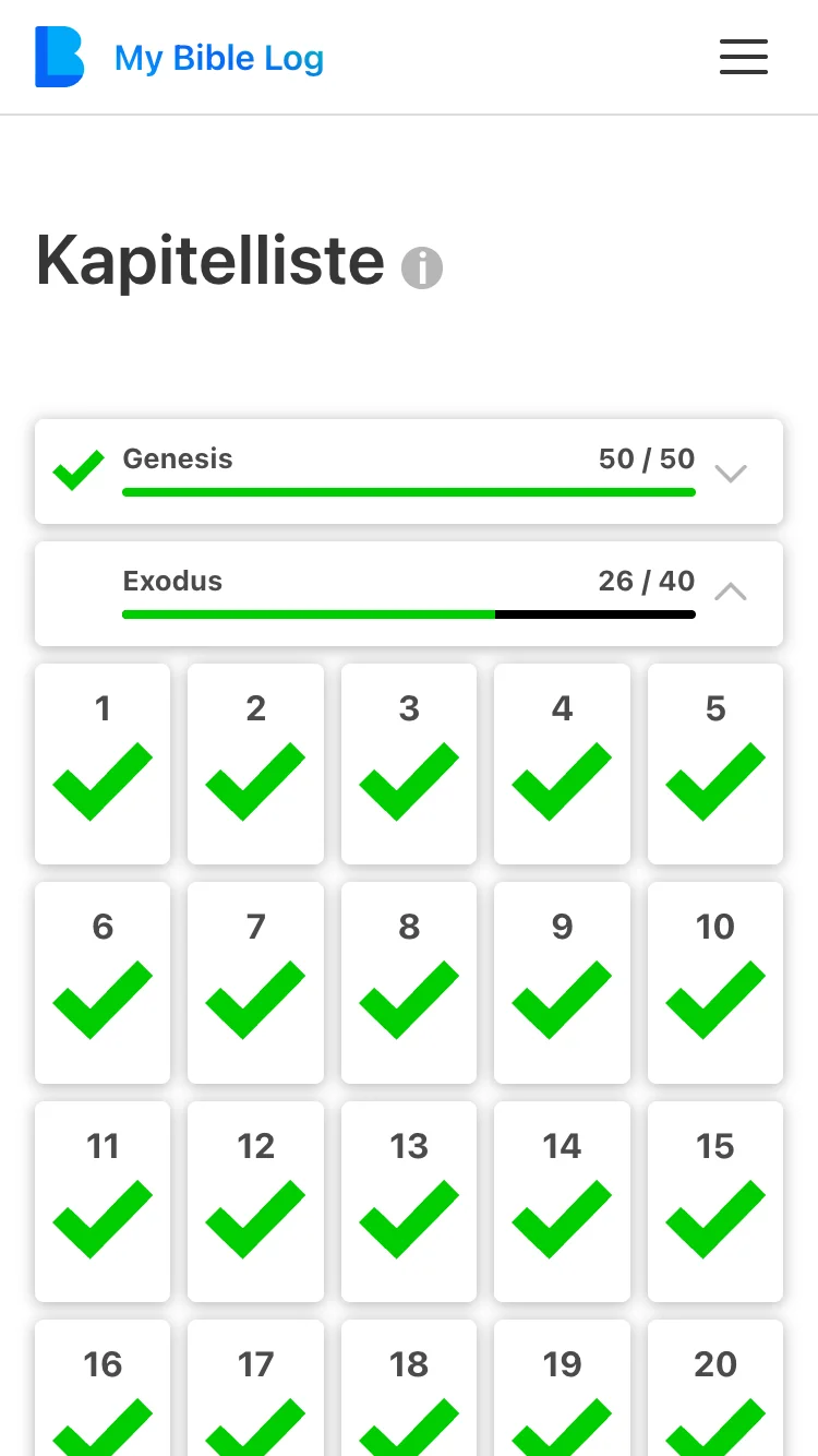 Screenshot der Kapitellisten-Seite von My Bible Log
