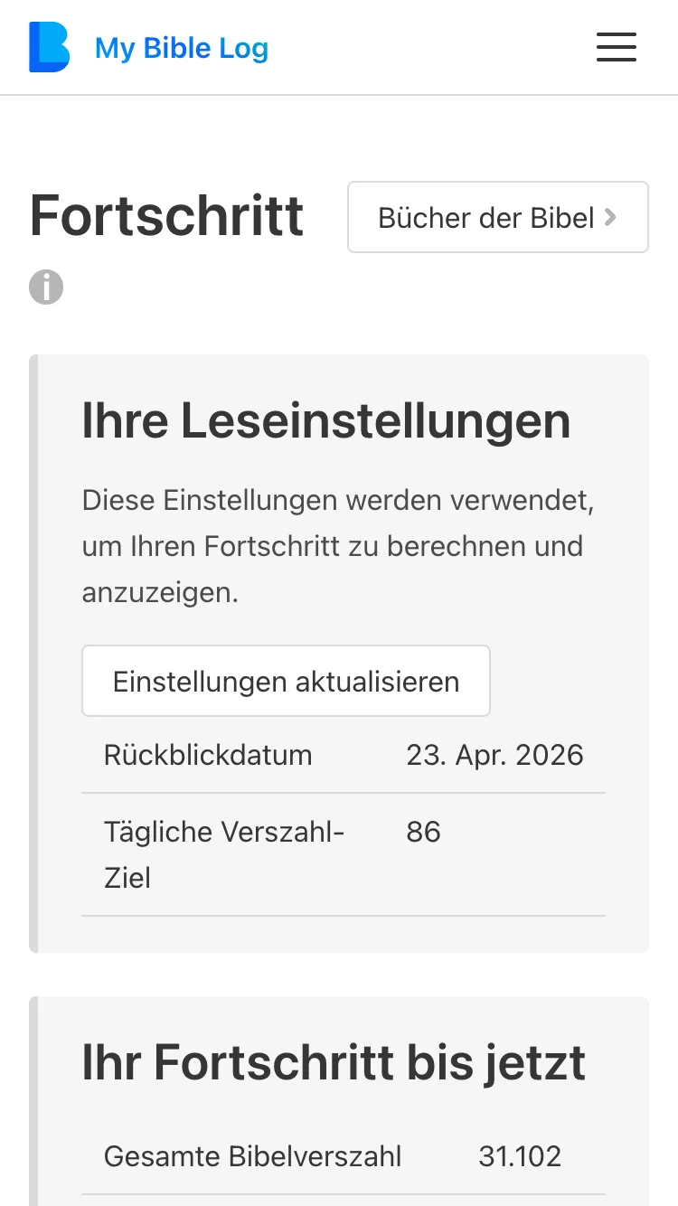 Screenshot der Fortschrittsseite von My Bible Log