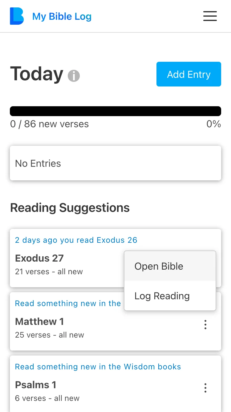 The My Bible Log app Today page showing several reading suggestions