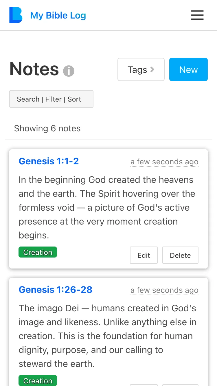 The My Bible Log notes screen showing several memory verses