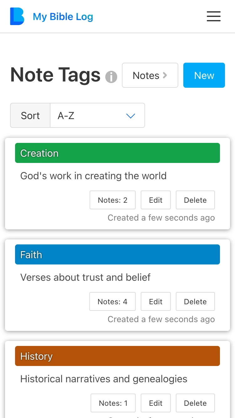 My Bible Log Note Tags Page Screenshot