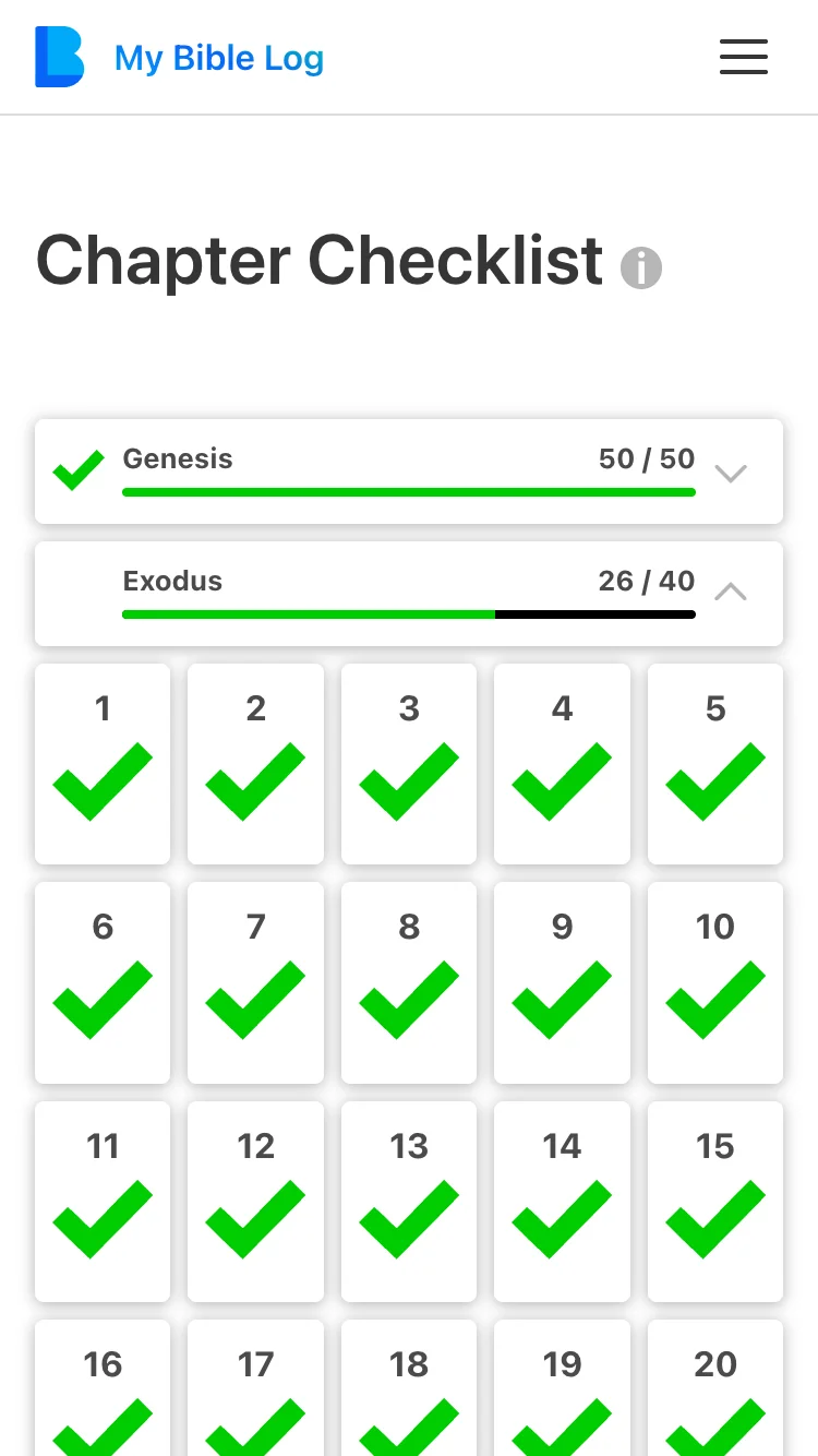 The My Bible Log chapter checklist with the first four chapters of Revelation marked complete