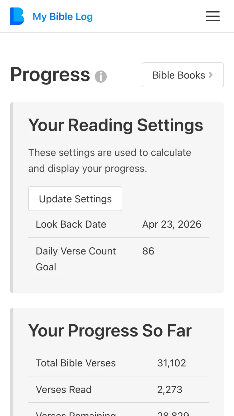 My Bible Log Progress Page Screenshot