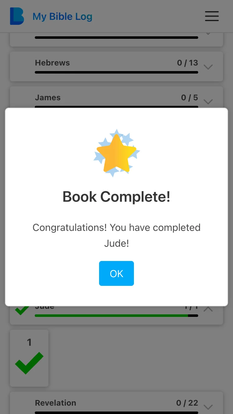 The My Bible Log app awarding a gold star for reading through a book of the Bible