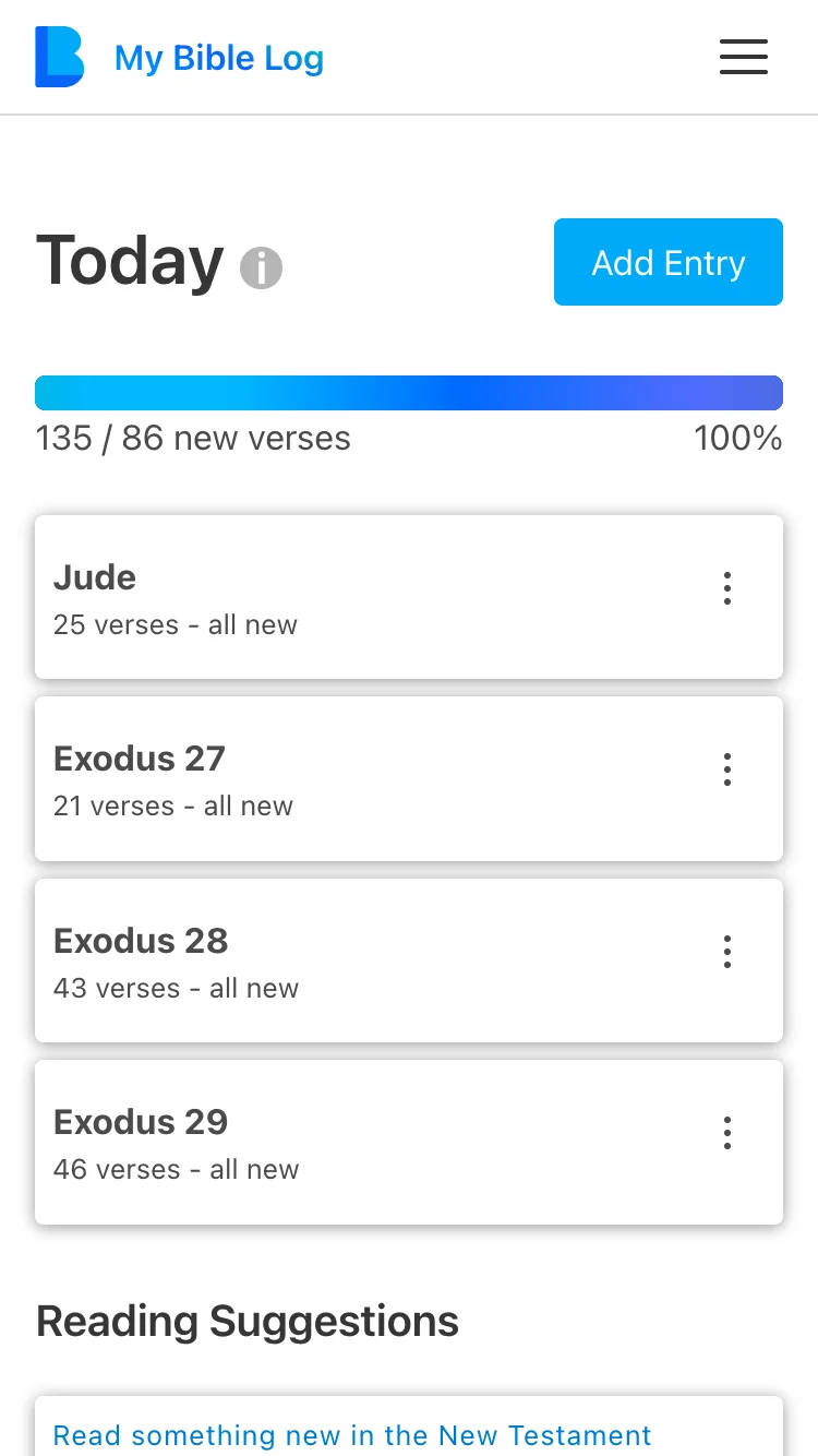 The My Bible Log app showing a completed progress bar for meeting the daily reading goal