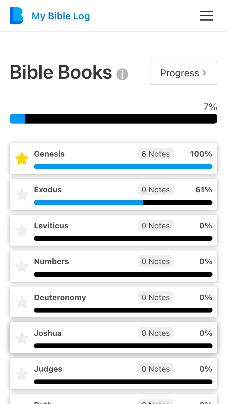 The My Bible Log app showing a segmented progress bar for reading the whole Bible