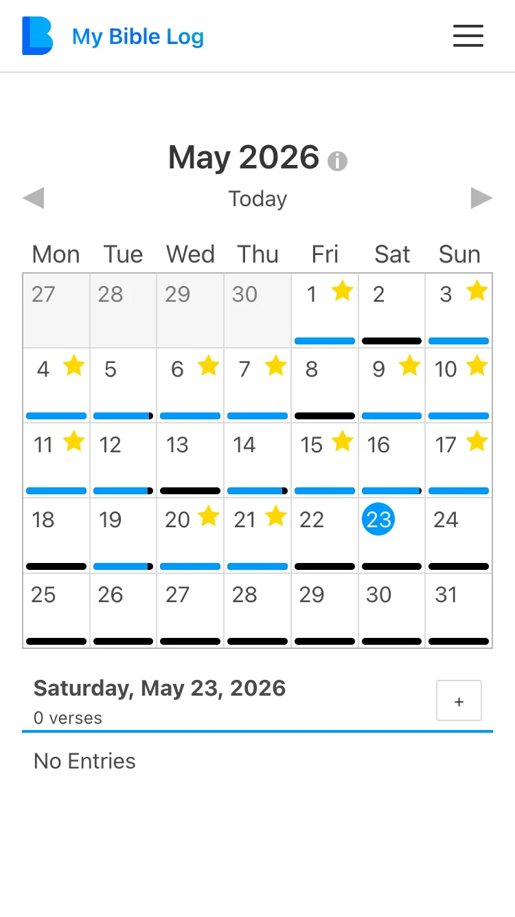 The My Bible Log calendar showing a month where many dates have earned a star for meeting the daily reading goal