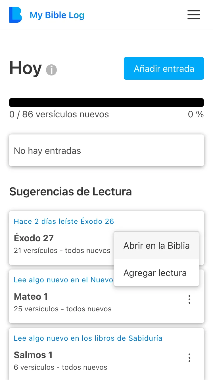 La página Hoy de la aplicación My Bible Log mostrando varias sugerencias de lectura