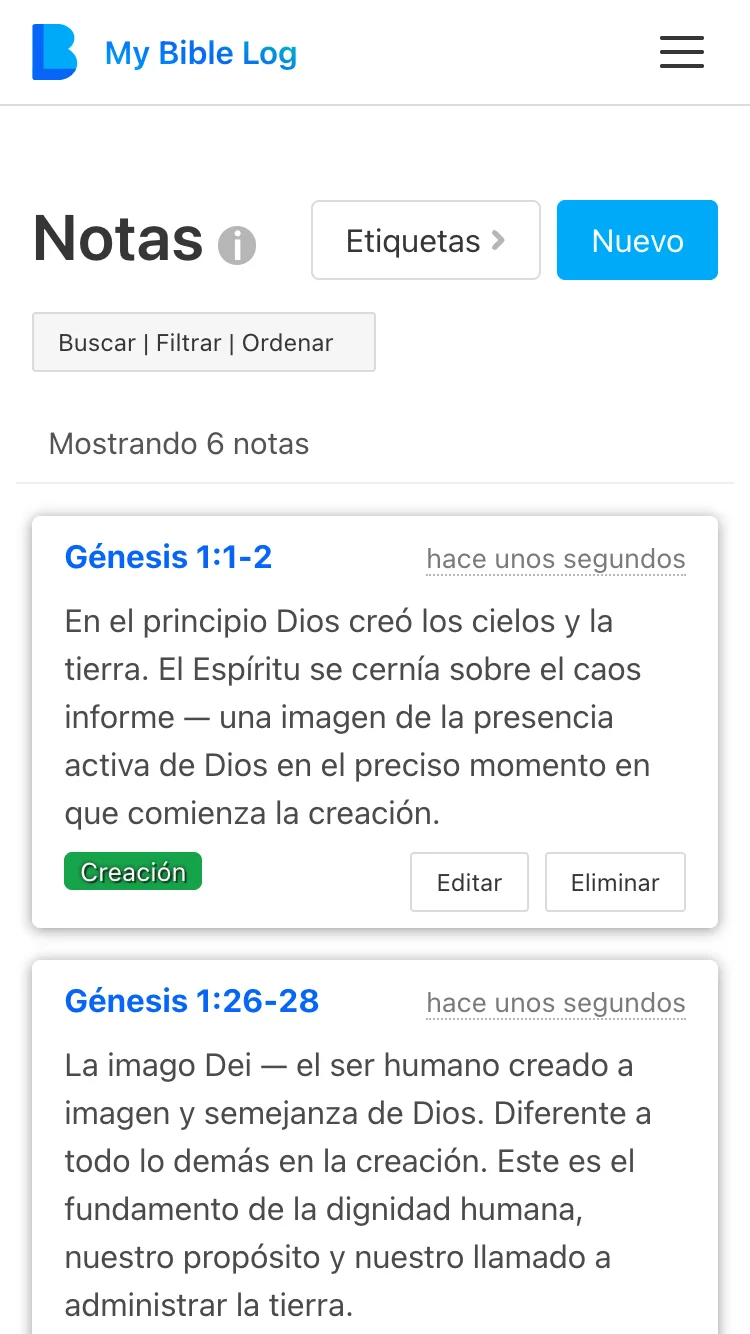 La pantalla de notas de My Bible Log mostrando varios versículos para memorizar