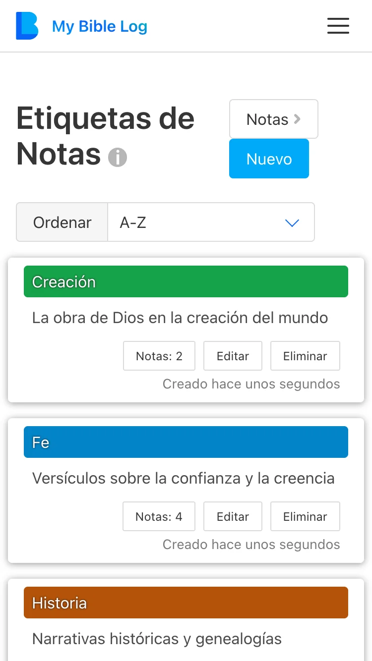 Captura de pantalla de la Página de Etiquetas de Notas de My Bible Log