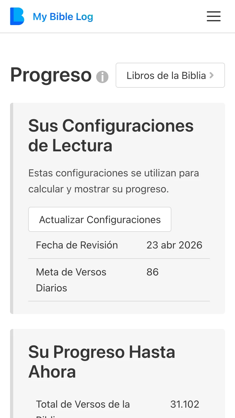 Captura de pantalla de la Página de Progreso de My Bible Log