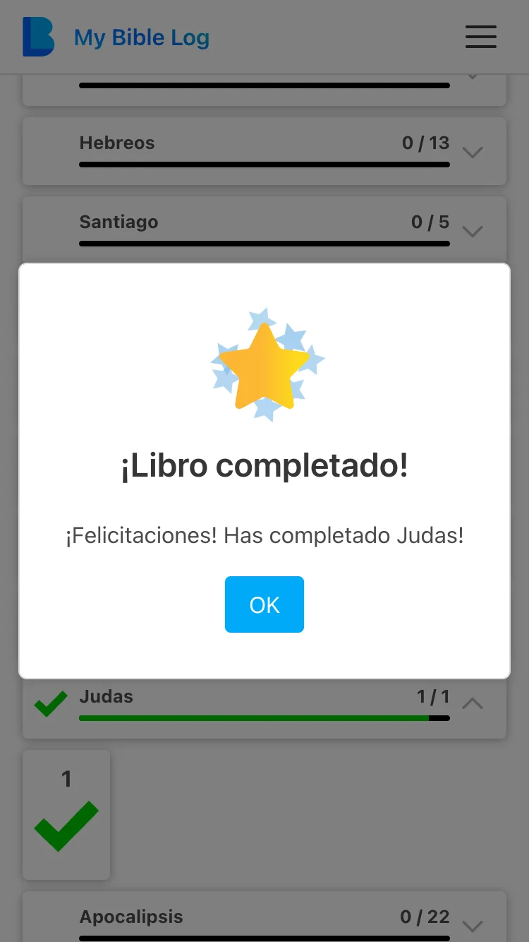 La aplicación My Bible Log otorgando una estrella dorada por leer un libro de la Biblia