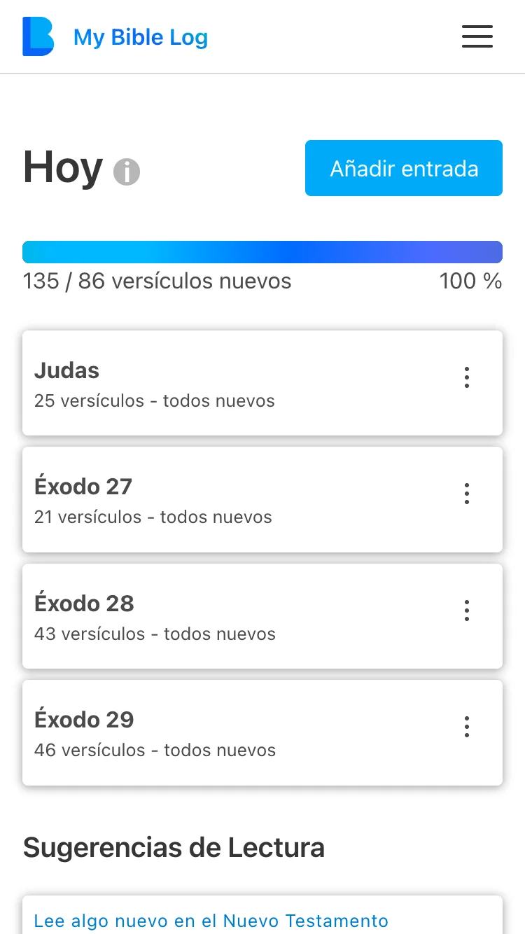 Captura de pantalla de la Página de Hoy de My Bible Log