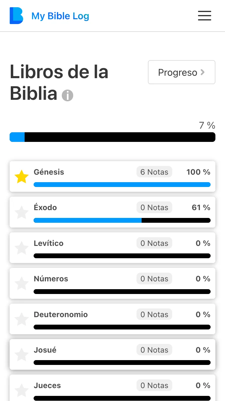 La aplicación My Bible Log mostrando una barra de progreso segmentada para leer toda la Biblia