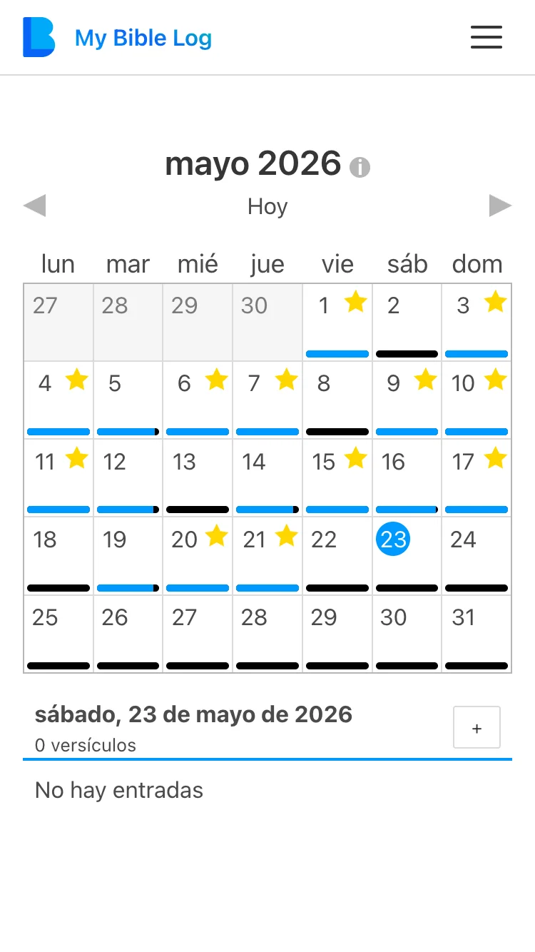 Captura de pantalla de la Página del Calendario de My Bible Log