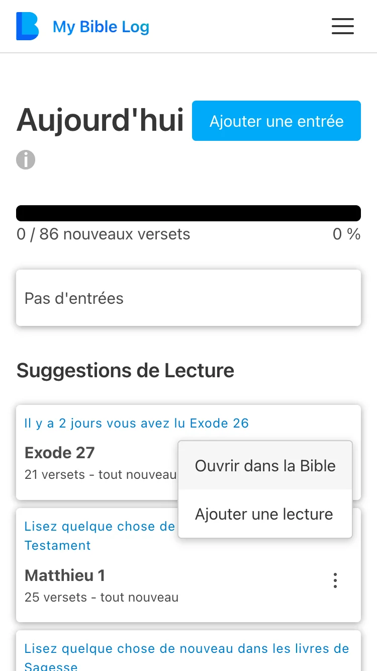 La page Aujourd'hui de l'application My Bible Log montrant plusieurs suggestions de lecture