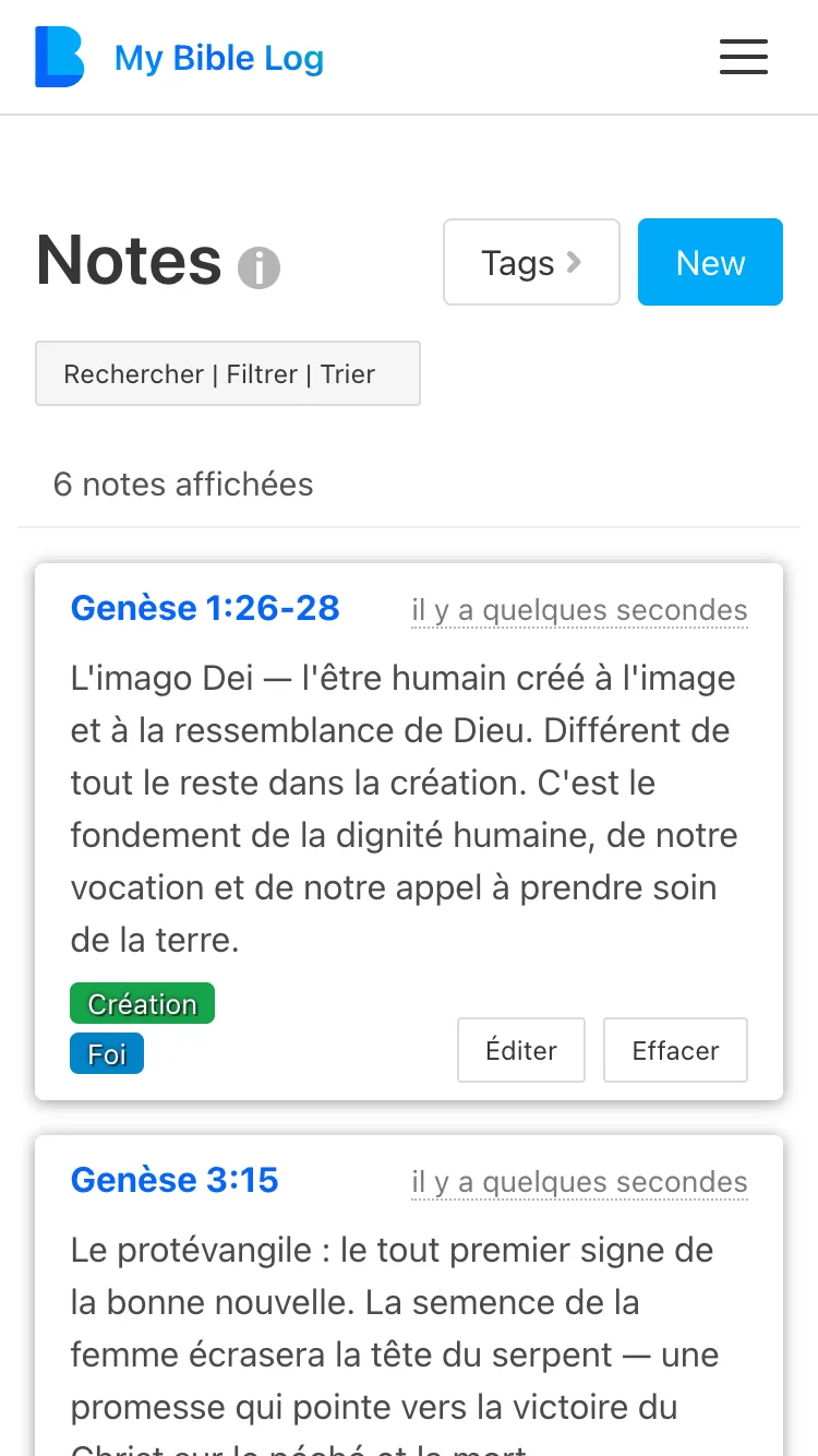 Capture d'écran de la Page des Notes de My Bible Log