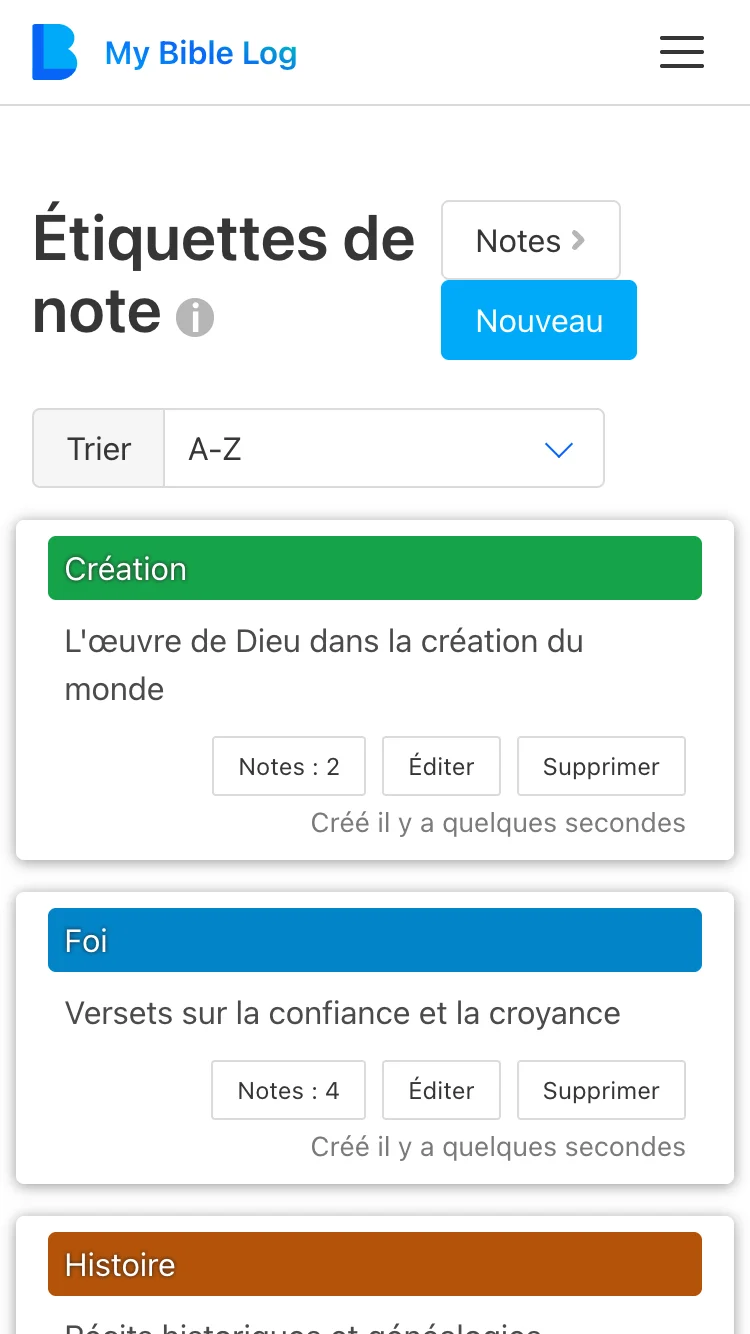 Capture d'écran de la Page des Tags de My Bible Log