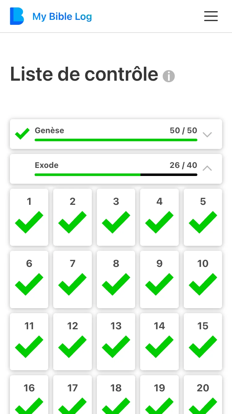 Capture d'écran de la page de liste de chapitres de My Bible Log