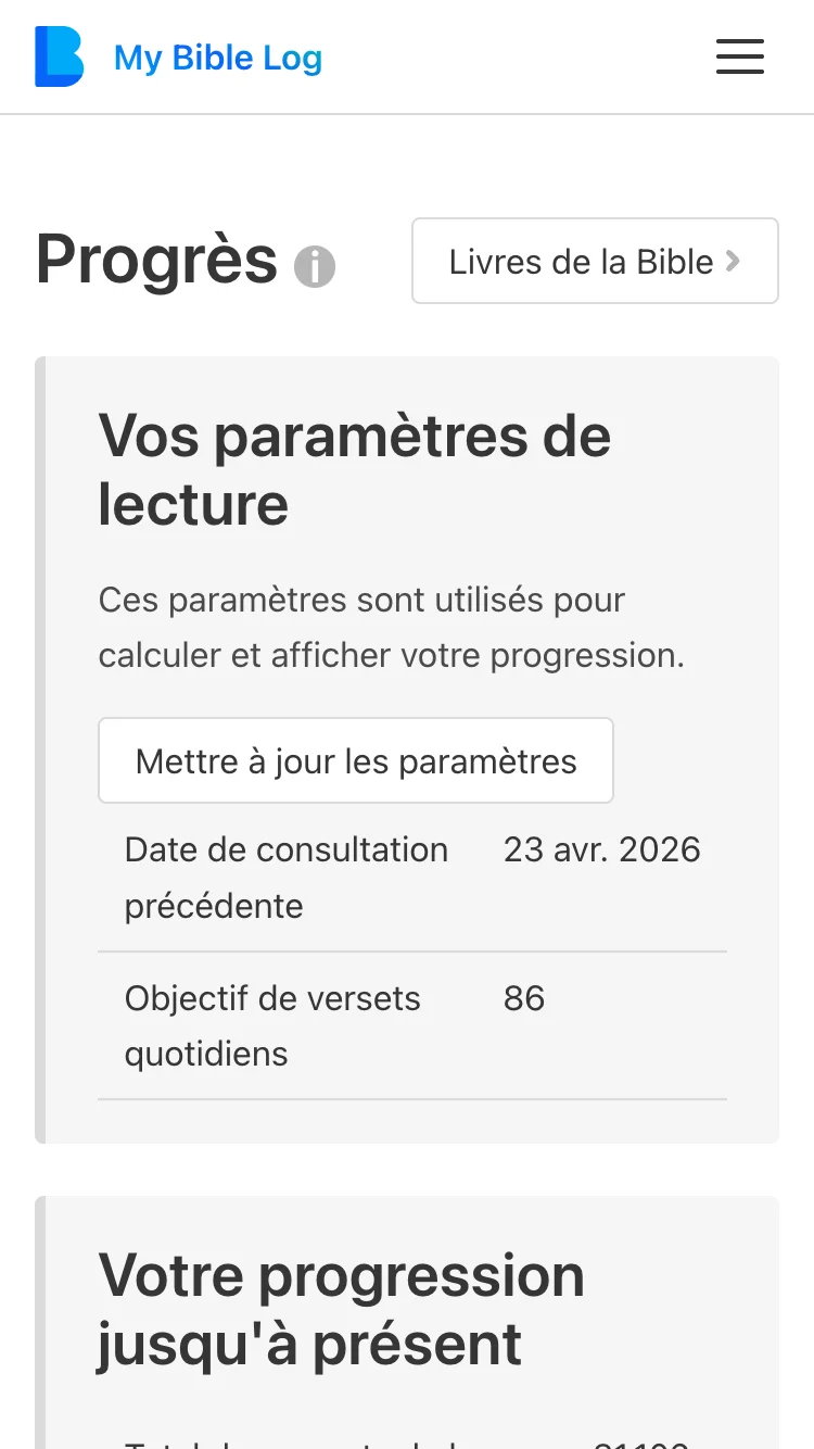 Capture d'écran de la page de progression My Bible Log