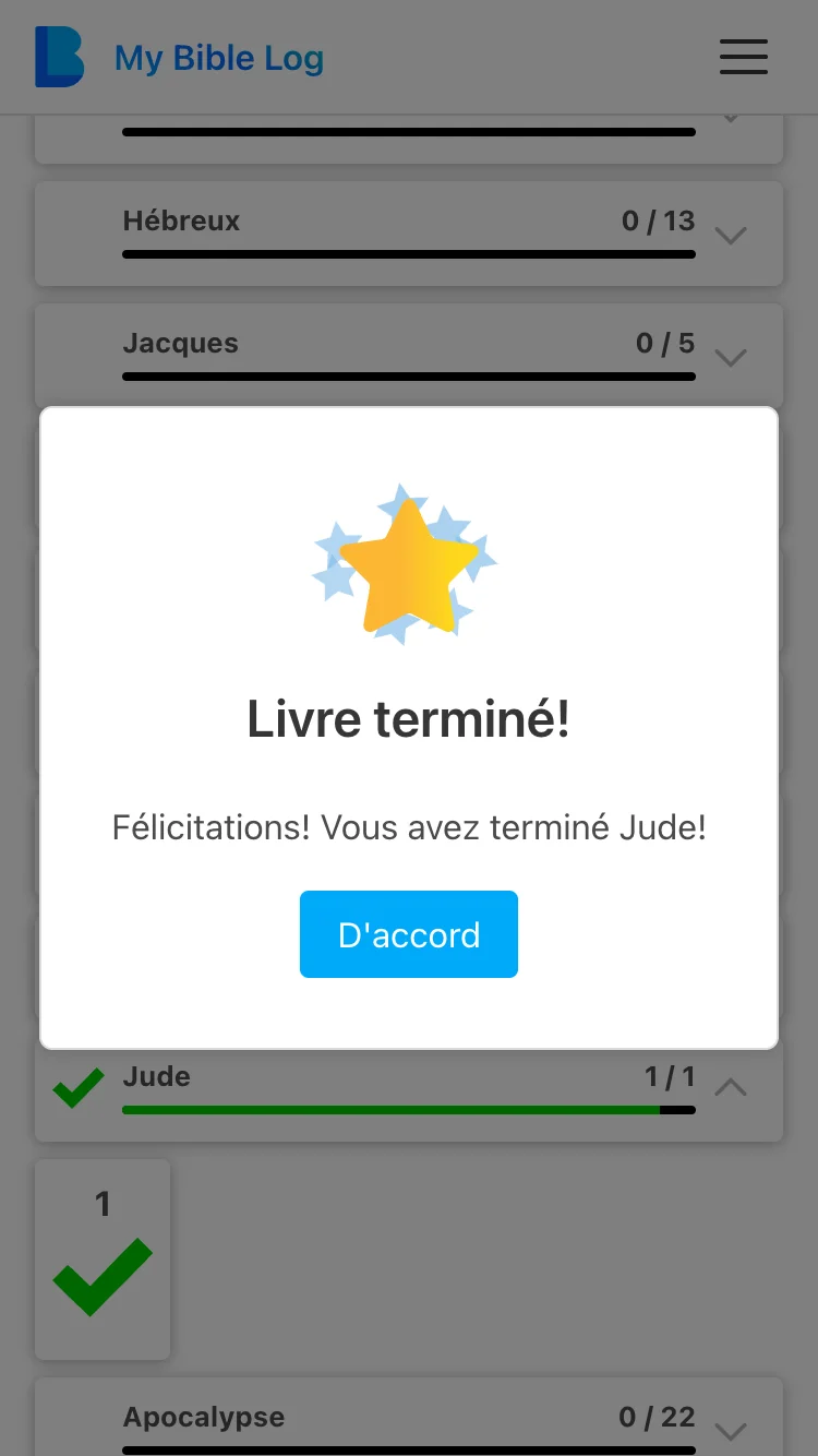 L'application My Bible Log décernant une étoile dorée pour avoir lu un livre de la Bible