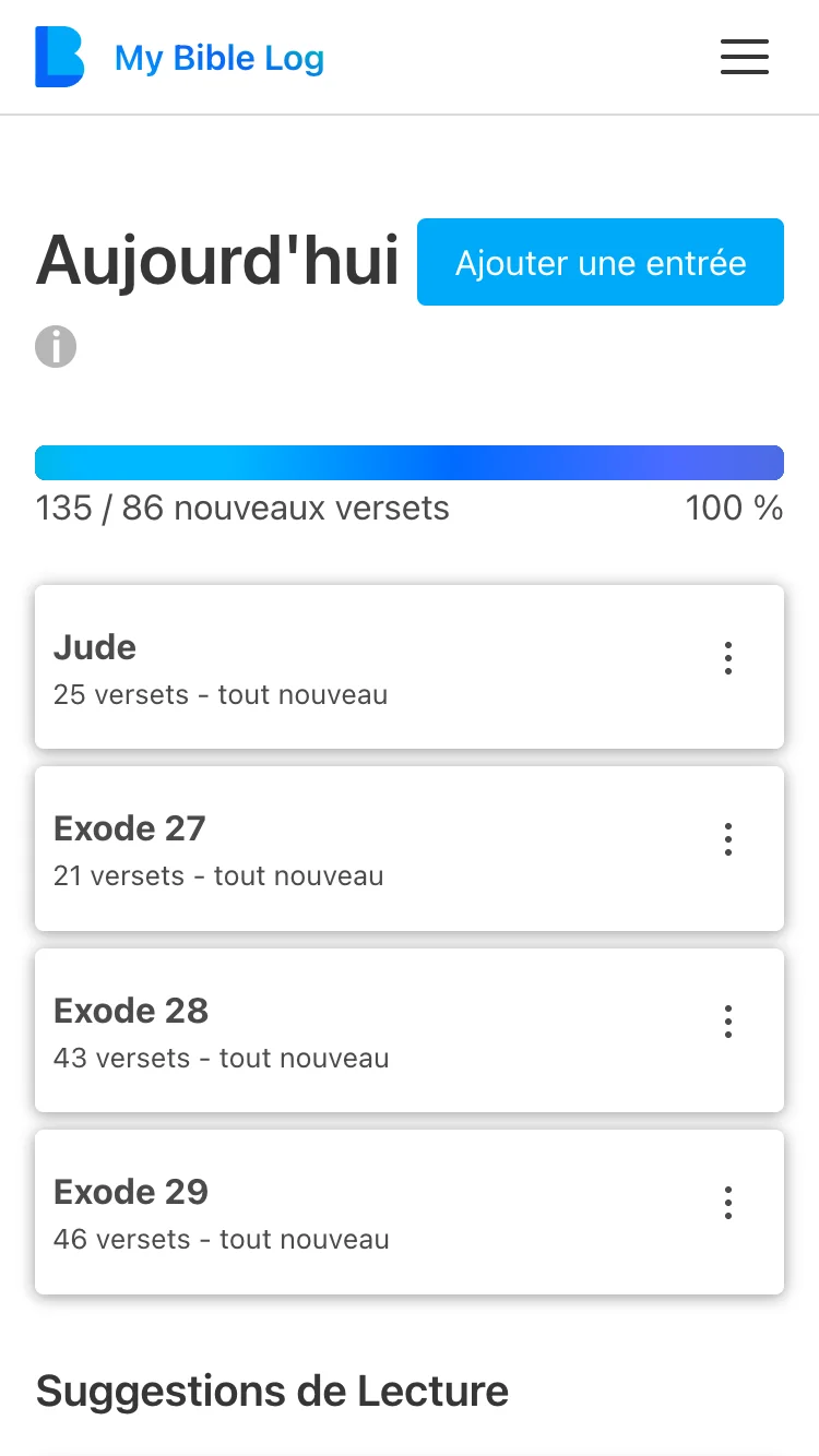 L'application My Bible Log montrant une barre de progression complétée pour atteindre l'objectif de lecture quotidienne