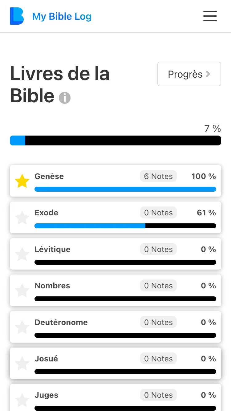 Capture d'écran de la page des Livres de la Bible de My Bible Log
