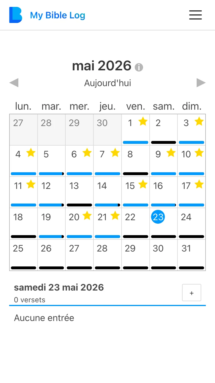 Capture d'écran de la page du calendrier de My Bible Log