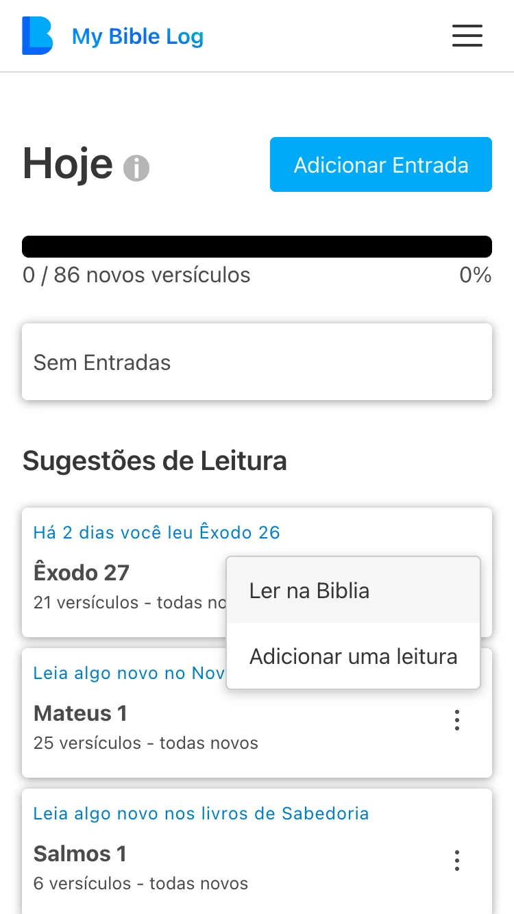 A página Hoje do aplicativo My Bible Log mostrando várias sugestões de leitura