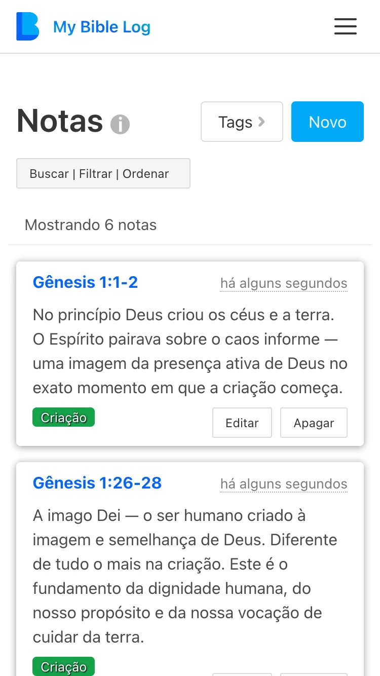Captura de tela da Página de Notas do My Bible Log