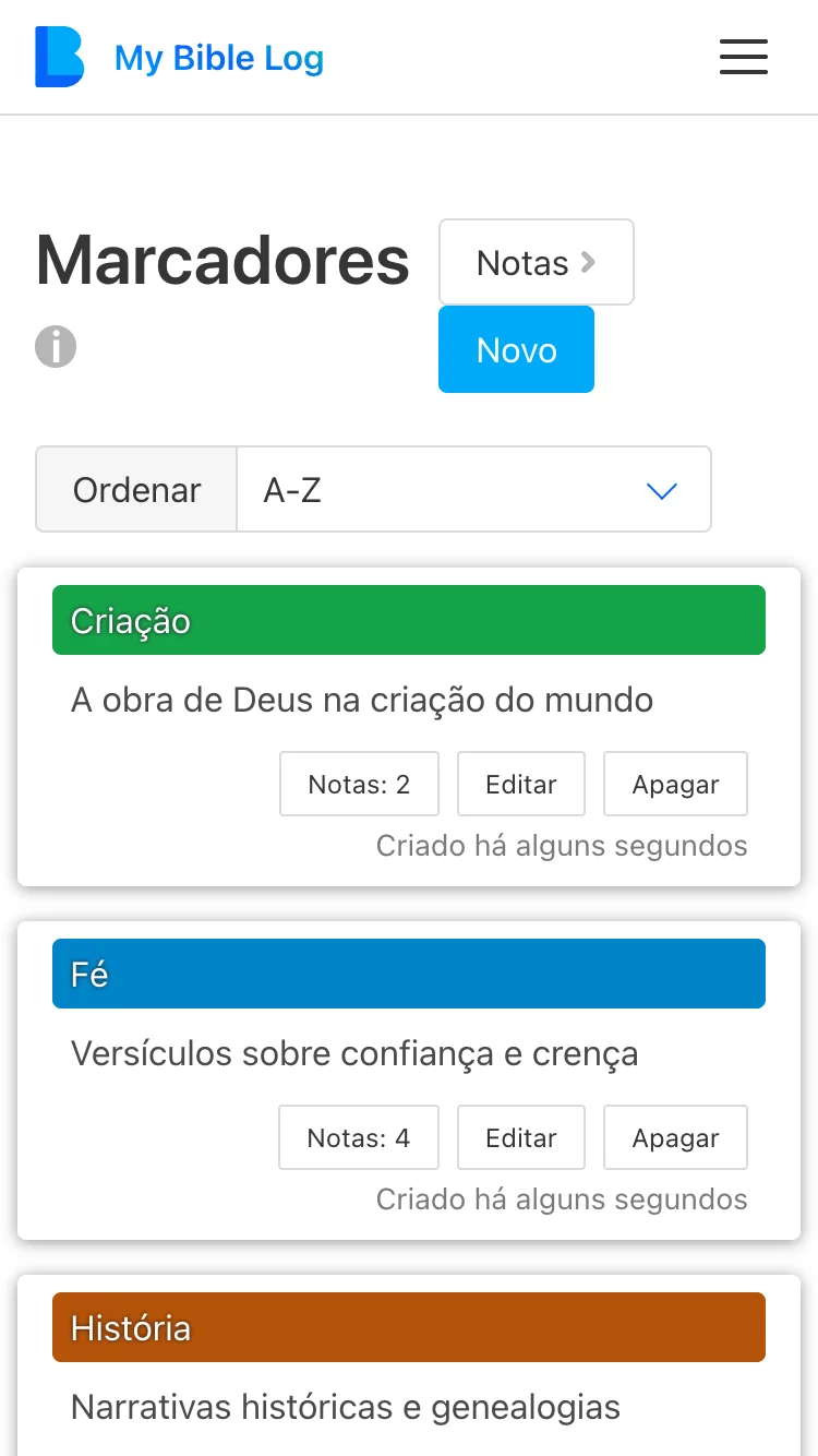 Captura de tela da Página de Tags de Notas do My Bible Log
