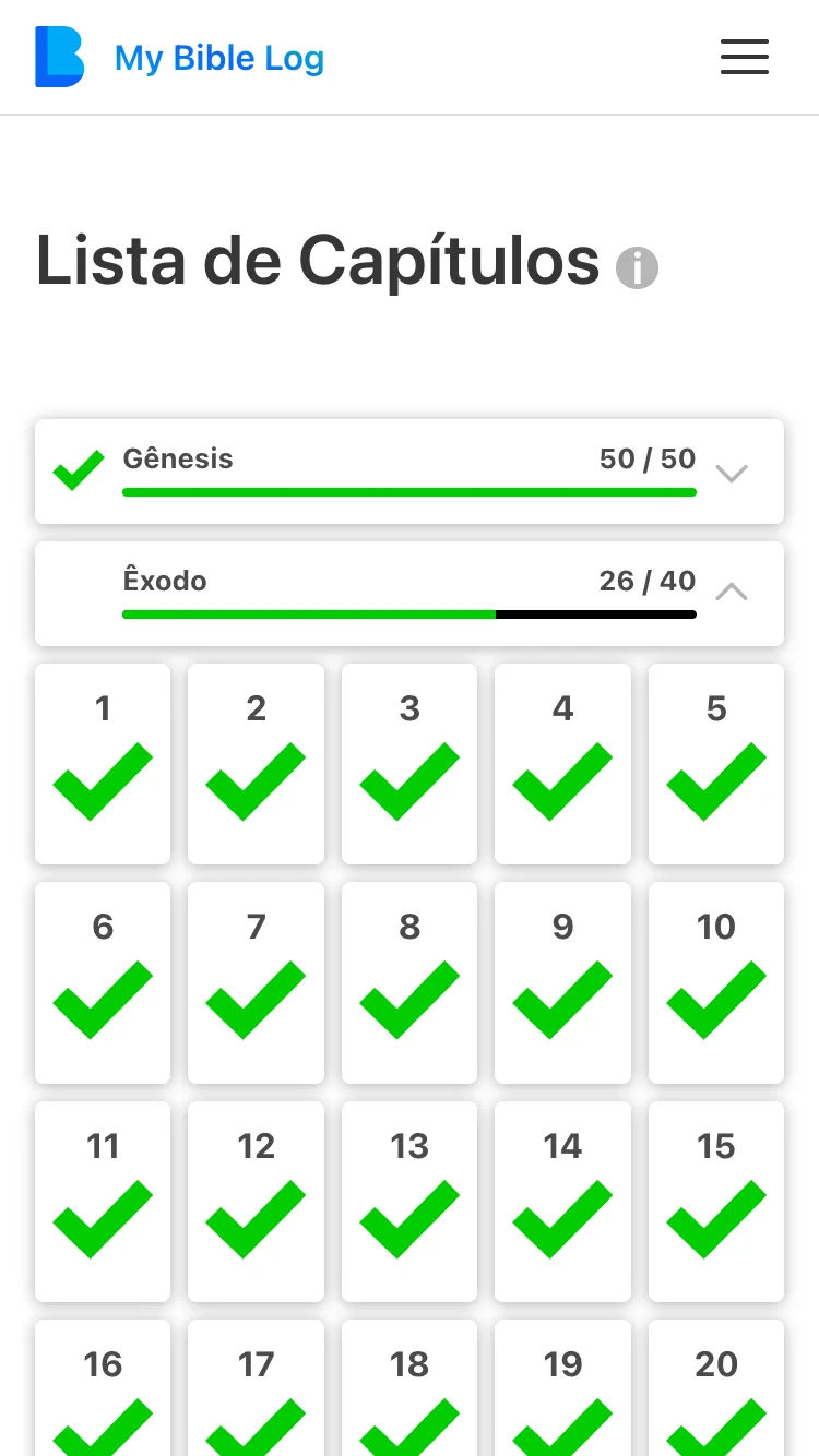 Captura de Tela da Página de Lista de Capítulos do My Bible Log