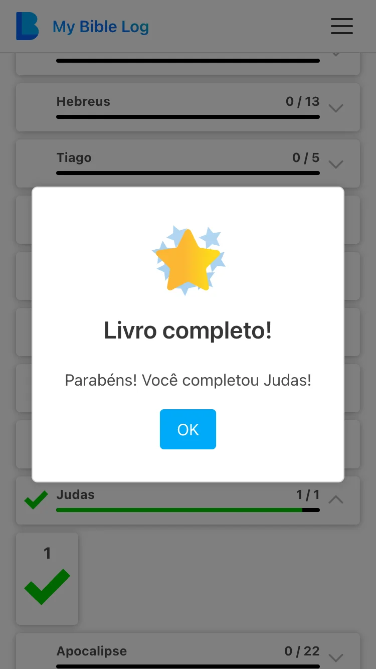 O aplicativo My Bible Log concedendo uma estrela dourada por ler um livro da Bíblia