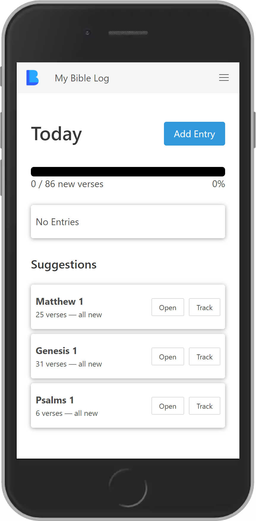 My Bible Log showing Bible reading suggestions