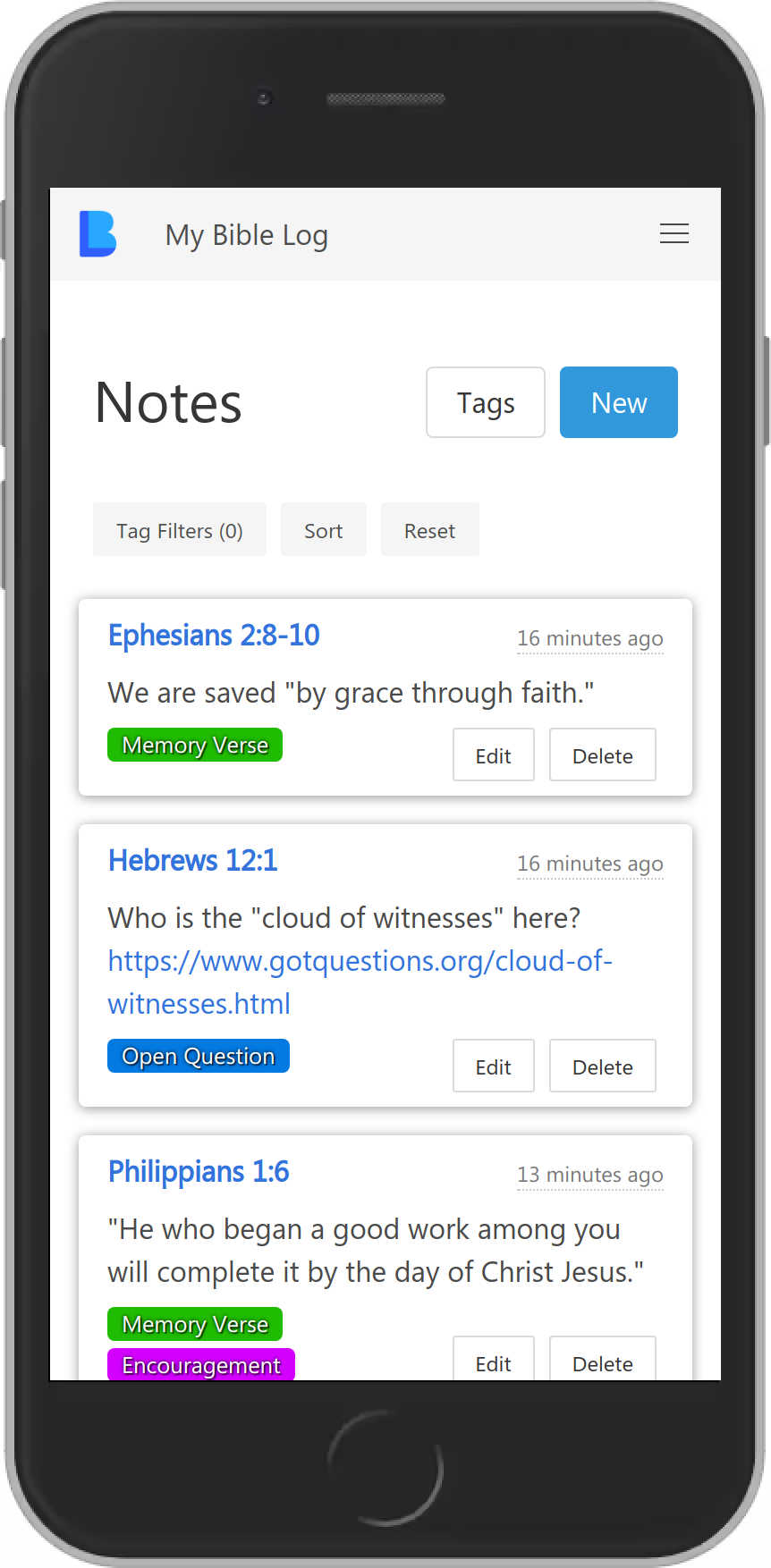 My Bible Log Notes Page Screenshot