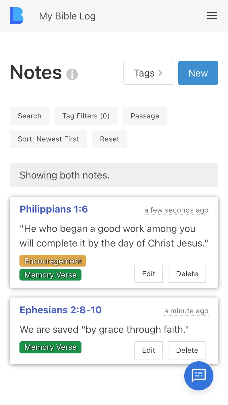 The My Bible Log notes screen showing several memory verses