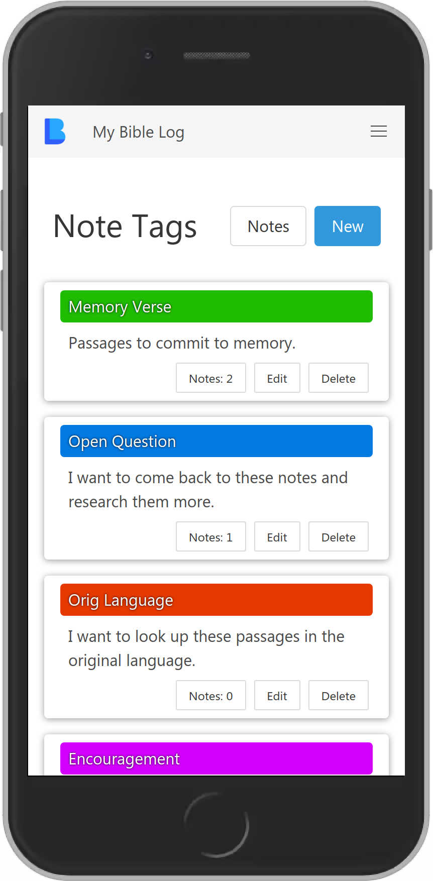 My Bible Log showing custom note tags