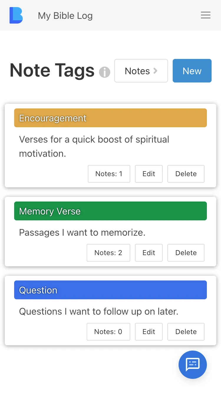 Captura de pantalla de la Página de Etiquetas de Notas de My Bible Log