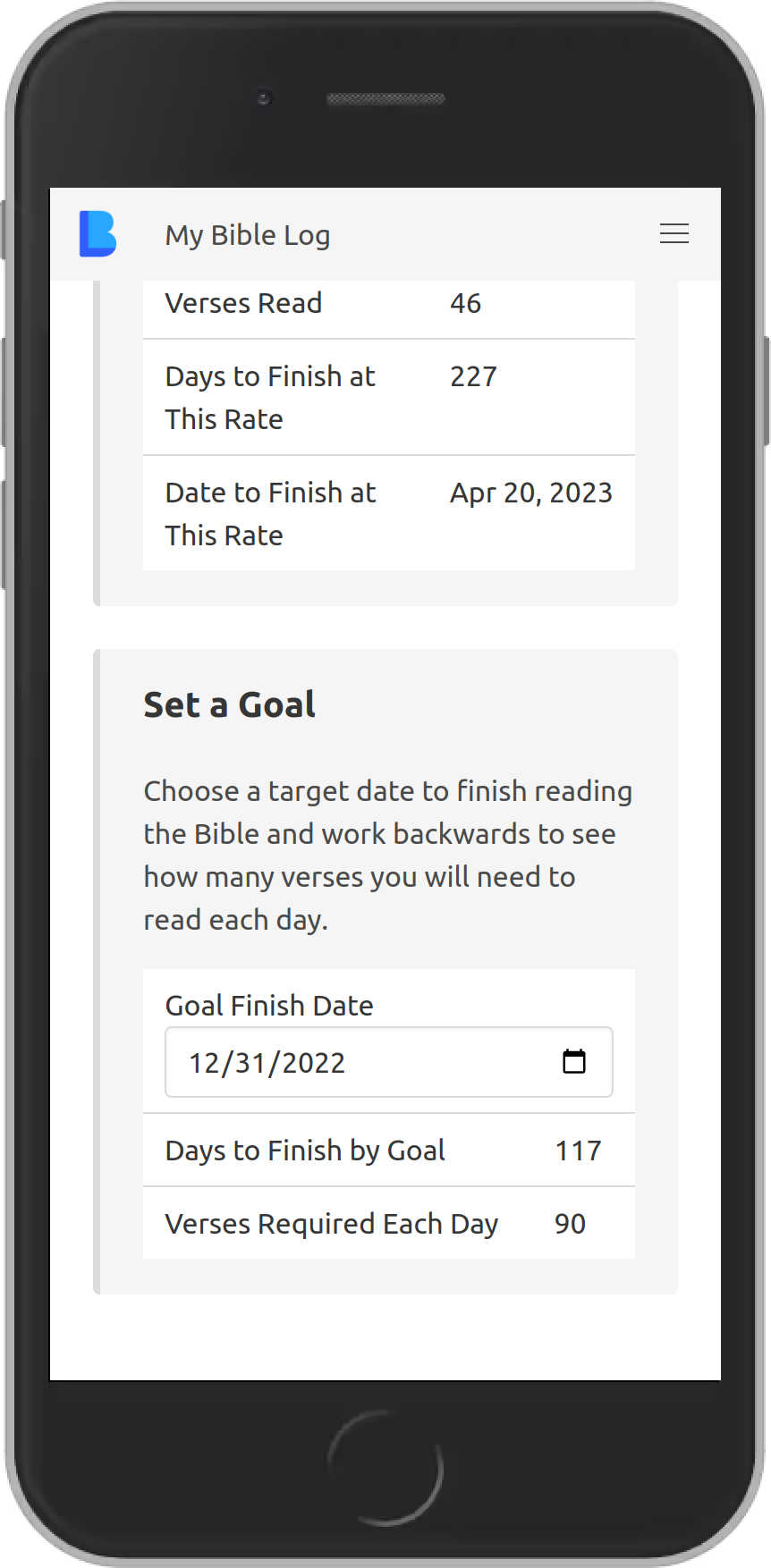 My Bible Log showing reading progress and goal setting features