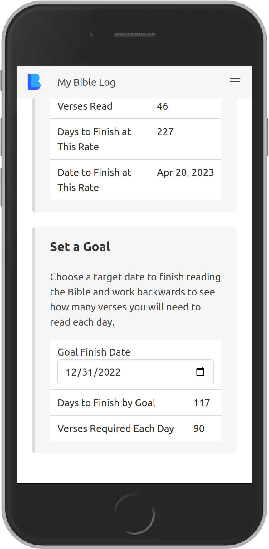 My Bible Log Progress Page Screenshot