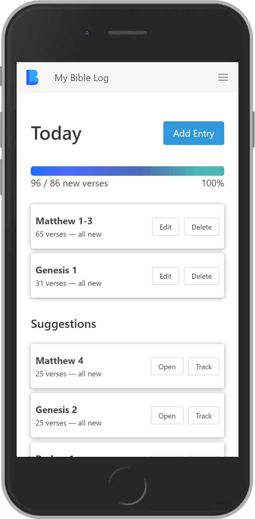 My Bible Log showing a daily reading goal being met