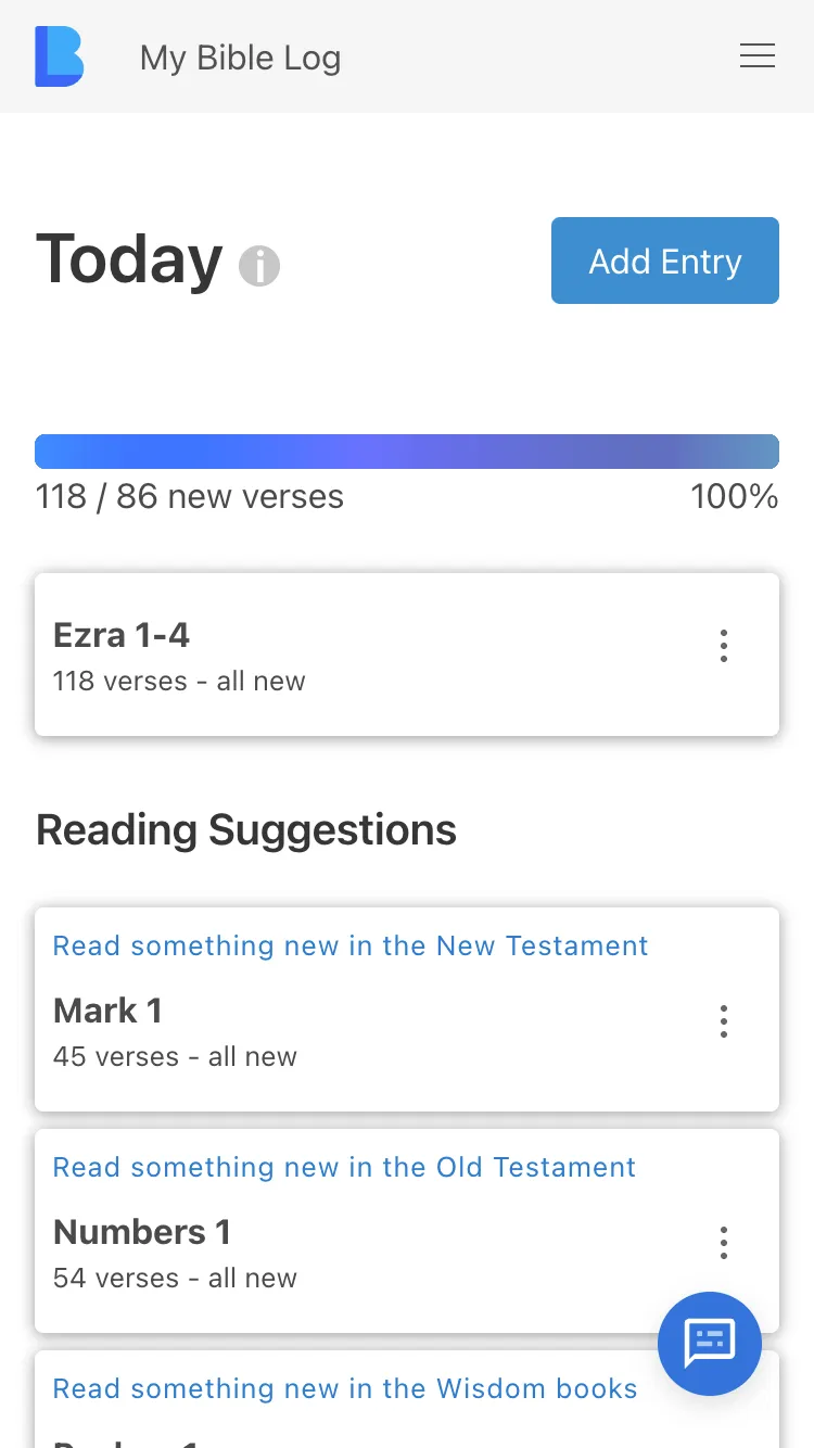 The My Bible Log app showing a completed progress bar for meeting the daily reading goal