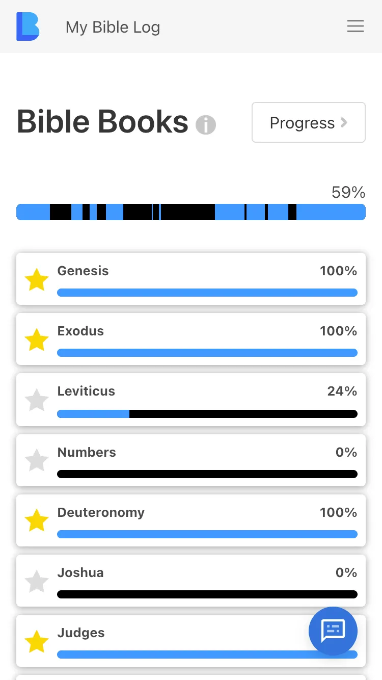 The My Bible Log app showing a segmented progress bar for reading the whole Bible