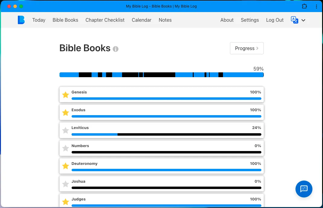 The My Bible Log app running in desktop mode