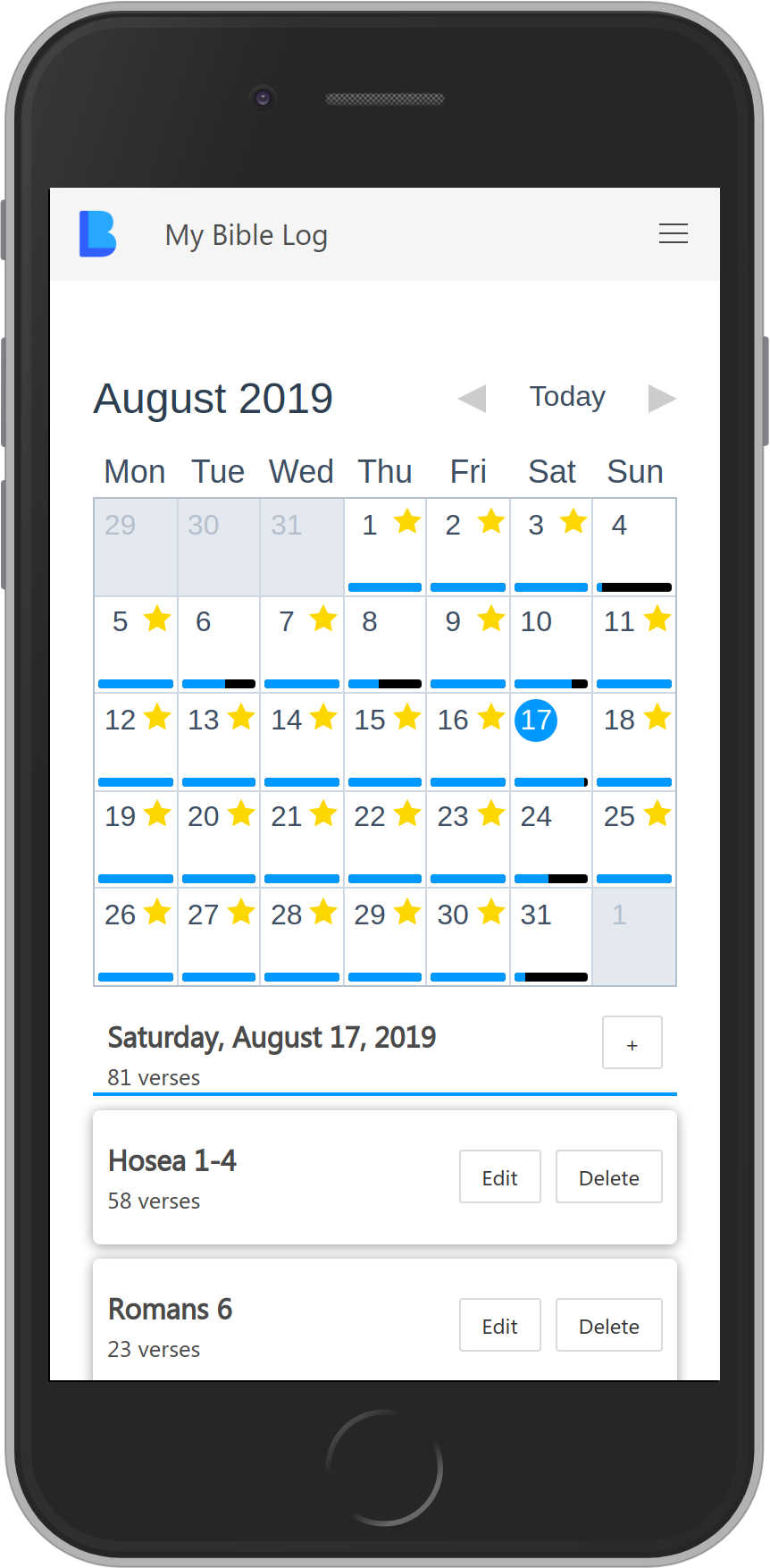 My Bible Log calendar showing reading trends over time.