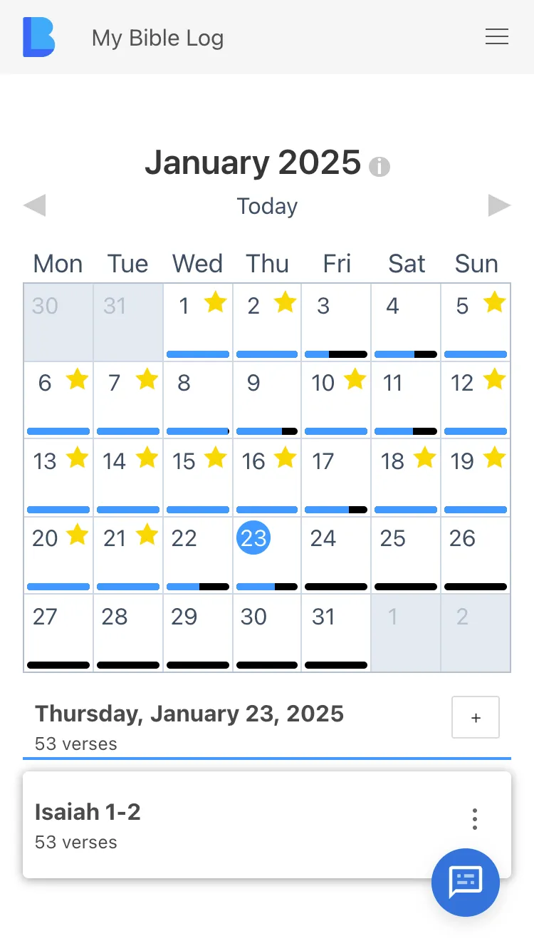 The My Bible Log calendar showing a month where many dates have earned a star for meeting the daily reading goal