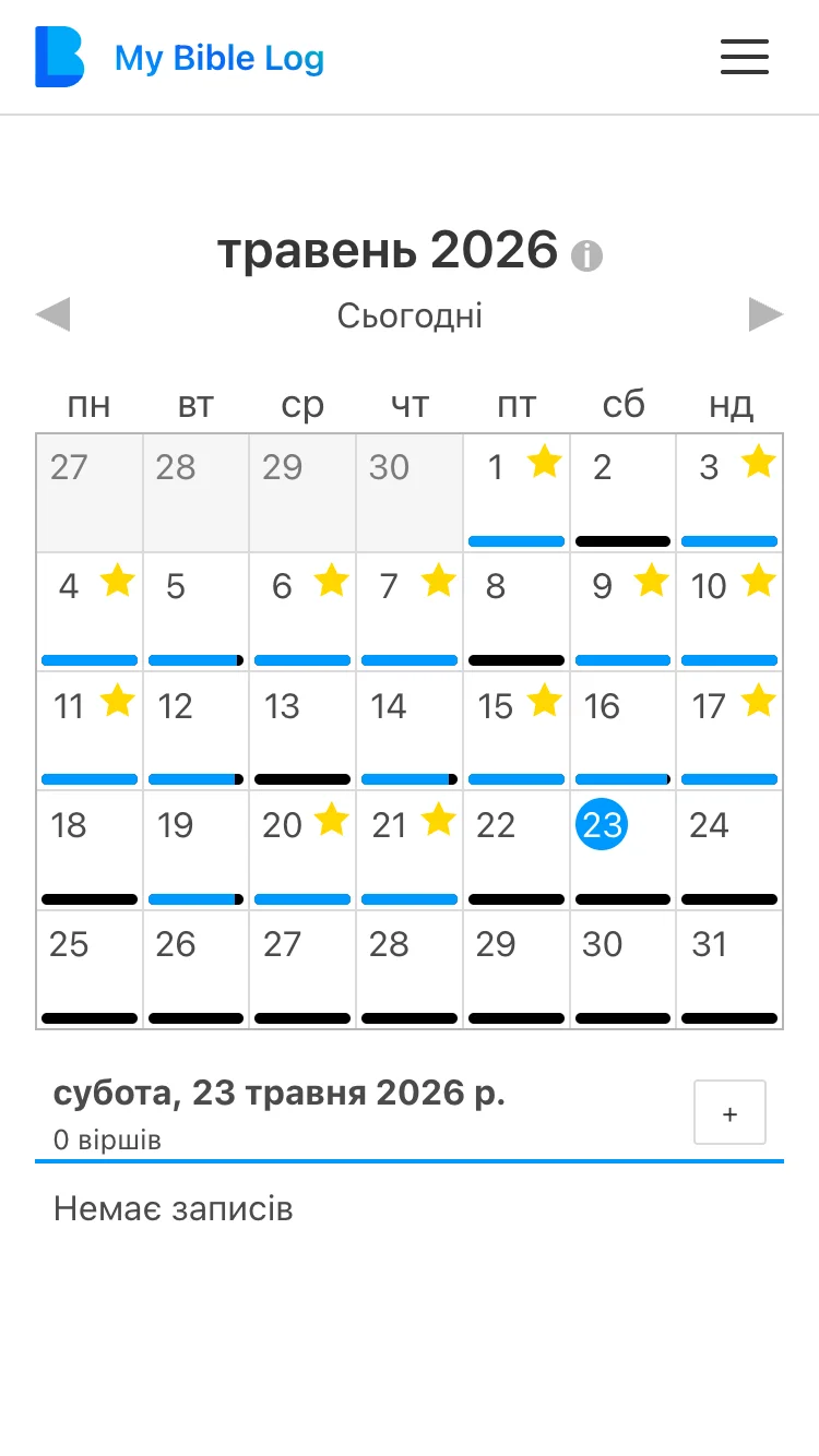 Календар My Bible Log показує місяць, де багато дат отримали зірку за досягнення щоденної мети читання
